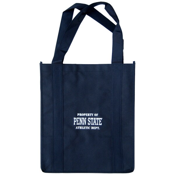 navy grocery tote with white printed Property of Penn State Athletic Dept